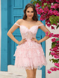 Hübsches A-Linie Schulterfreies Rosa Korsett-Heimkehrer-Kleid mit Spitze