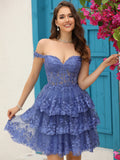 Hübsches A-Linie Schulterfreies Rosa Korsett-Heimkehrer-Kleid mit Spitze