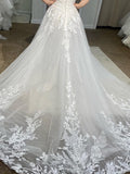 Tüll Schulterfrei Weiß Langes Plus Size Hochzeitskleid mit Appliquen