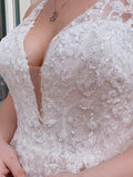 A-Linie Tüll Sparkly Weiß Pailletten Lang Übergröße Brautkleid mit Applikationen