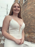 Meerjungfrau Satin Weiß Spaghettiträger Lang Übergröße Brautkleid mit Knopf