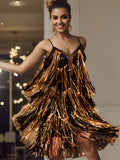 Spaghetti-Träger Schwarzes Goldenes Kleid mit Franse