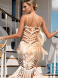 Spaghetti-Träger Champagner Fransen Roaring Great Gatsby Kleid