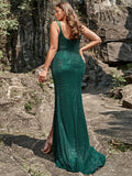 Pailletten V-Ausschnitt Dunkelgrünes Meerjungfrau Ballkleid mit Schlitz